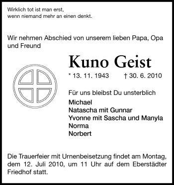 Traueranzeige von Kuno Geist von Darmstädter Echo, Odenwälder Echo, Rüsselsheimer Echo, Groß-Gerauer-Echo, Ried Echo
