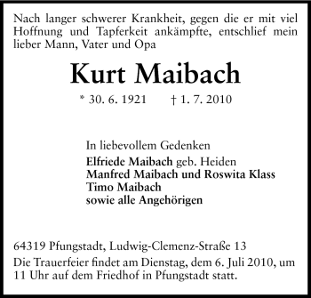 Traueranzeige von Kurt Maibach von Darmstädter Echo, Odenwälder Echo, Rüsselsheimer Echo, Groß-Gerauer-Echo, Ried Echo