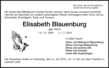 Traueranzeige von Elisabeth Blauenburg von Rüsselsheimer Echo, Groß-Gerauer-Echo, Ried Echo