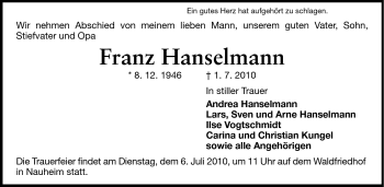 Traueranzeige von Franz Hanselmann von Rüsselsheimer Echo, Groß-Gerauer-Echo, Ried Echo