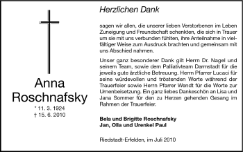 Traueranzeige von Anna Roschnafsky von Rüsselsheimer Echo, Groß-Gerauer-Echo, Ried Echo