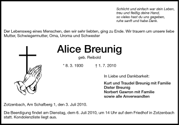 Traueranzeige von Alice Breunig von Starkenburger Echo