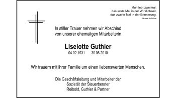 Traueranzeige von Liselotte Guthier von Starkenburger Echo