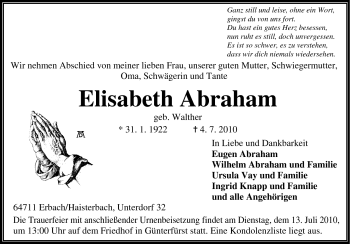 Traueranzeige von Elisabeth Abraham von Odenwälder Echo