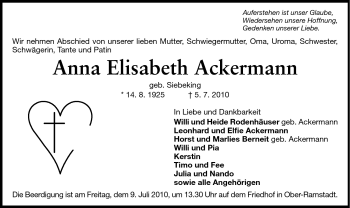Traueranzeige von Anna Elisabeth Ackermann von Darmstädter Echo, Odenwälder Echo, Rüsselsheimer Echo, Groß-Gerauer-Echo, Ried Echo