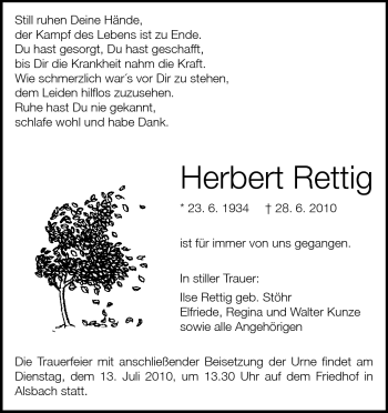 Traueranzeige von Herbert Rettig von Darmstädter Echo, Odenwälder Echo, Rüsselsheimer Echo, Groß-Gerauer-Echo, Ried Echo