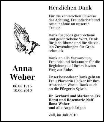 Traueranzeige von Anna Weber von Odenwälder Echo