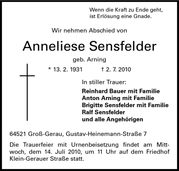 Traueranzeige von Anneliese Sensfelder von Rüsselsheimer Echo, Groß-Gerauer-Echo, Ried Echo