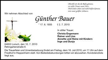 Traueranzeige von Günther Bauer von Starkenburger Echo
