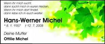 Traueranzeige von Hans Werner Michel von Darmstädter Echo, Odenwälder Echo, Rüsselsheimer Echo, Groß-Gerauer-Echo, Ried Echo