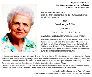 Traueranzeige von Walburga Röhr von Starkenburger Echo, Bergsträßer Anzeiger