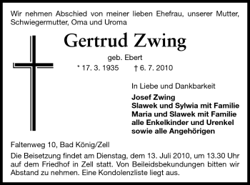 Traueranzeige von Gertrud Zwing von Odenwälder Echo