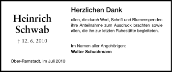 Traueranzeige von Heinrich Schwab von Darmstädter Echo, Odenwälder Echo, Rüsselsheimer Echo, Groß-Gerauer-Echo, Ried Echo