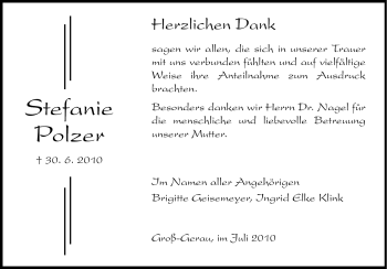 Traueranzeige von Stefanie Polzer von Rüsselsheimer Echo, Groß-Gerauer-Echo, Ried Echo