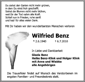 Traueranzeige von Wilfried Benz von Echo-Zeitungen (Gesamtausgabe)