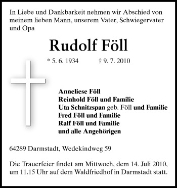 Traueranzeige von Rudolf Föll von Darmstädter Echo, Odenwälder Echo, Rüsselsheimer Echo, Groß-Gerauer-Echo, Ried Echo