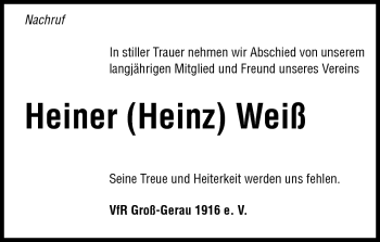 Traueranzeige von Heiner Heinz Weiß von Rüsselsheimer Echo, Groß-Gerauer-Echo, Ried Echo
