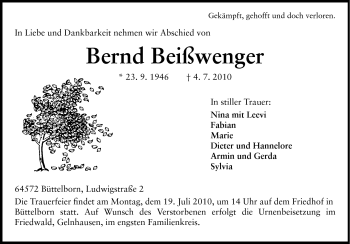 Traueranzeige von Bernd Beißwenger von Rüsselsheimer Echo, Groß-Gerauer-Echo, Ried Echo