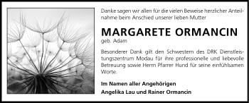 Traueranzeige von Margarete Ormancin von Darmstädter Echo, Odenwälder Echo, Rüsselsheimer Echo, Groß-Gerauer-Echo, Ried Echo