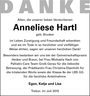 Traueranzeige von Anneliese Hartl von Rüsselsheimer Echo, Groß-Gerauer-Echo, Ried Echo