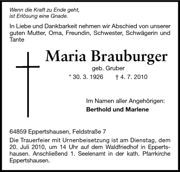 Traueranzeige von Maria Brauburger von Darmstädter Echo, Odenwälder Echo, Rüsselsheimer Echo, Groß-Gerauer-Echo, Ried Echo