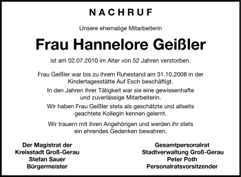 Traueranzeige von Hannelore Geißler von Rüsselsheimer Echo, Groß-Gerauer-Echo, Ried Echo