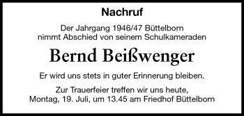 Traueranzeige von Bernd Beißwenger von Rüsselsheimer Echo, Groß-Gerauer-Echo, Ried Echo