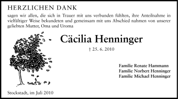 Traueranzeige von Cäcilia Henninger von Rüsselsheimer Echo, Groß-Gerauer-Echo, Ried Echo