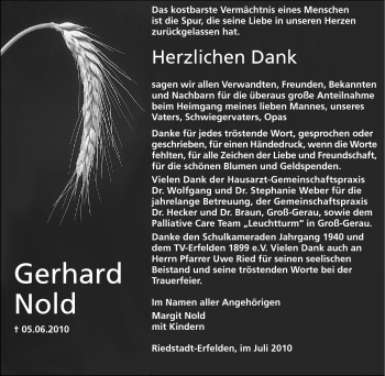 Traueranzeige von Gerhard Nold von Rüsselsheimer Echo, Groß-Gerauer-Echo, Ried Echo