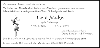 Traueranzeige von Leni Muhn von Echo-Zeitungen (Gesamtausgabe)