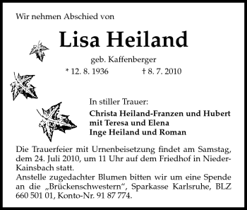 Traueranzeige von Lisa Heiland von Darmstädter Echo, Odenwälder Echo, Rüsselsheimer Echo, Groß-Gerauer-Echo, Ried Echo
