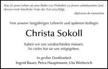 Traueranzeige von Christa Sokoll von Darmstädter Echo, Odenwälder Echo, Rüsselsheimer Echo, Groß-Gerauer-Echo, Ried Echo
