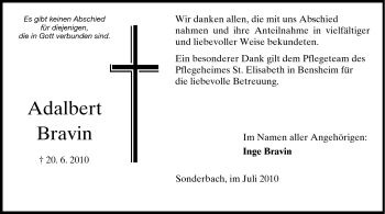 Traueranzeige von Adalbert Bravin von Starkenburger Echo