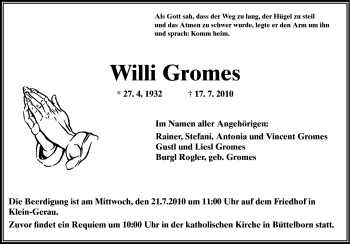 Traueranzeige von Willi Gromes von Darmstädter Echo, Odenwälder Echo, Rüsselsheimer Echo, Groß-Gerauer-Echo, Ried Echo