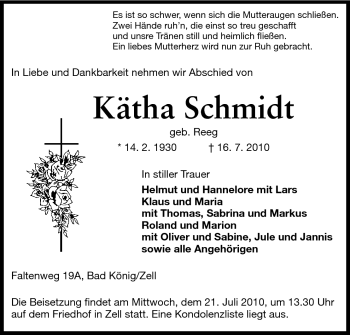 Traueranzeige von Kätha Schmidt von Odenwälder Echo