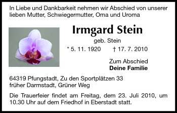 Traueranzeige von Irmgard Stein von Echo-Zeitungen (Gesamtausgabe)