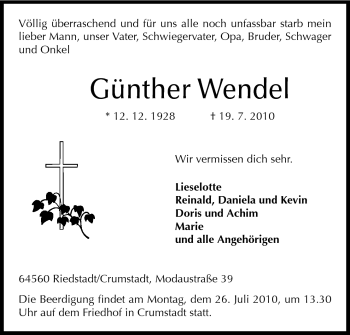 Traueranzeige von Günther Wendel von Rüsselsheimer Echo, Groß-Gerauer-Echo, Ried Echo