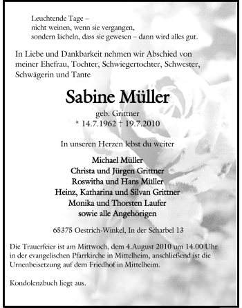 Traueranzeige von Sabine Müller von Rüsselsheimer Echo, Groß-Gerauer-Echo, Ried Echo