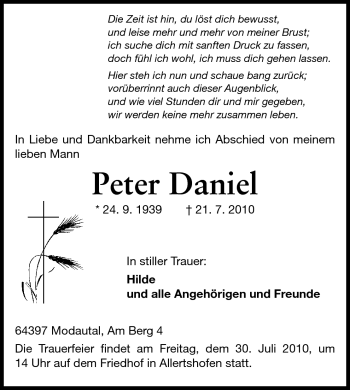 Traueranzeige von Peter Daniel von Darmstädter Echo, Odenwälder Echo, Rüsselsheimer Echo, Groß-Gerauer-Echo, Ried Echo