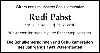 Traueranzeige von Rudi Pabst von Rüsselsheimer Echo, Groß-Gerauer-Echo, Ried Echo