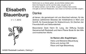 Traueranzeige von Elisabeth Blauenburg von Rüsselsheimer Echo, Groß-Gerauer-Echo, Ried Echo