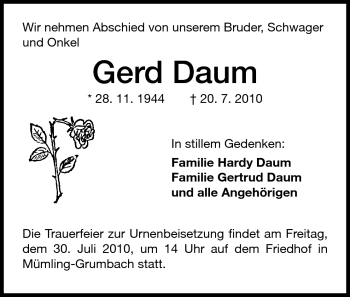 Traueranzeige von Gerd Daum von Odenwälder Echo