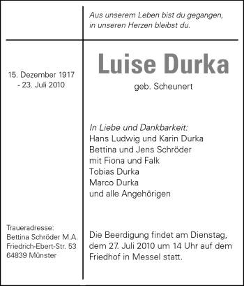Traueranzeige von Luise Durka von Darmstädter Echo, Odenwälder Echo, Rüsselsheimer Echo, Groß-Gerauer-Echo, Ried Echo