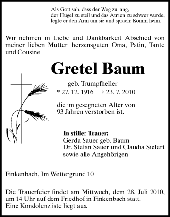 Traueranzeige von Gretel Baum von Odenwälder Echo