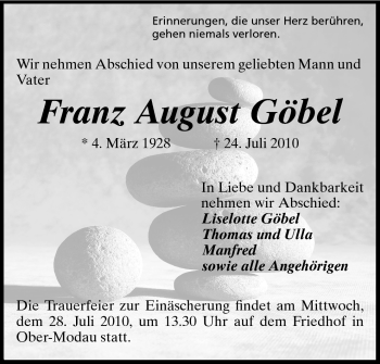 Traueranzeige von Franz August Göbel von Darmstädter Echo, Odenwälder Echo, Rüsselsheimer Echo, Groß-Gerauer-Echo, Ried Echo