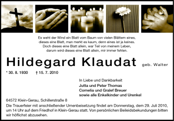 Traueranzeige von Hildegard Klaudat von Echo-Zeitungen (Gesamtausgabe)