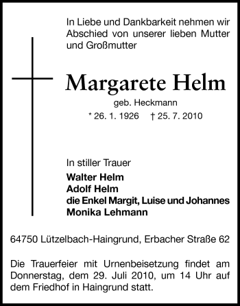 Traueranzeige von Margarete Helm von Odenwälder Echo