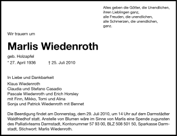 Traueranzeige von Marlies Wiedenroth von Darmstädter Echo, Odenwälder Echo, Rüsselsheimer Echo, Groß-Gerauer-Echo, Ried Echo