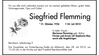 Traueranzeige von Siegfried Flemming von Echo-Zeitungen (Gesamtausgabe)