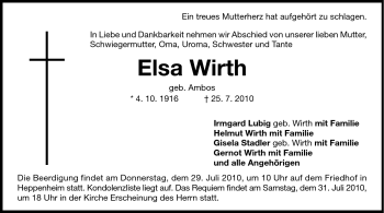 Traueranzeige von Elsa Wirth von Starkenburger Echo